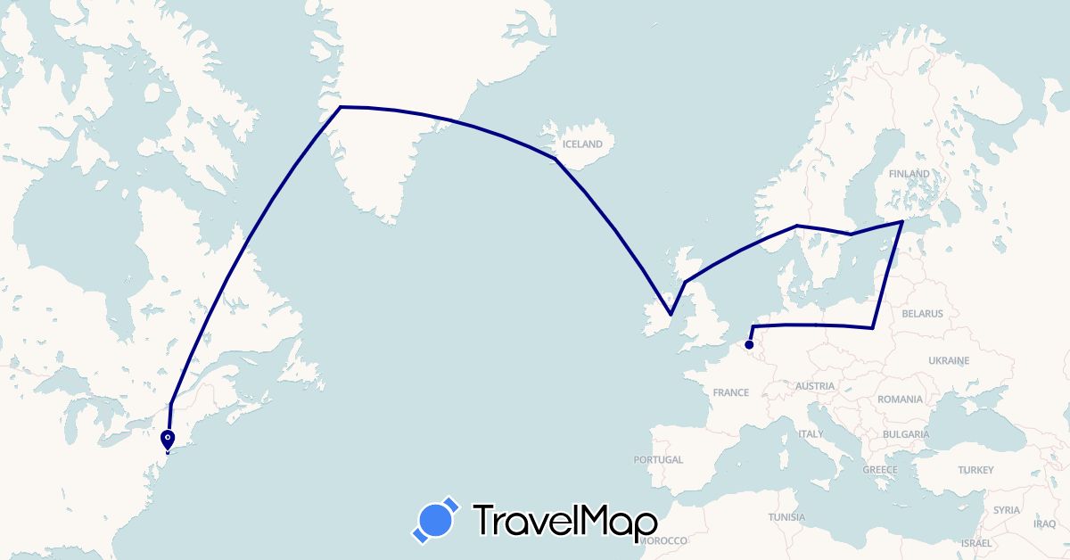 TravelMap itinerary: driving in Belgium, Canada, Germany, Finland, United Kingdom, Greenland, Ireland, Iceland, Netherlands, Norway, Poland, Sweden, United States (Europe, North America)